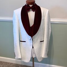 This Has Not Been Tailored. Two Pants With This Listing But No Bow Tie & See Small Flaw In Photo* 56eu/46us Size 58eu/48us Size ‘Look Sharp And Feel Comfortable With White Top With Burgundy Tuxedo. Whether You’re Hitting Up A Formal Event Or Just Out On The Town, These Tuxes Will Have You Looking Dapper. With A Comfortable Fit And Modern Style, Vercini Is The Perfect Choice For Any Formal Occasion. So Go With Something Stylish And Unique With Vercini.’ Material: 65% Viscose 35% Polyester Slim Fi Winter White Fitted Tuxedo, White Tuxedo Jacket, Black Tuxedo Jacket, Navy Tuxedos, Grey Tuxedo, Burgundy Tuxedo, Slim Fit Tuxedo, White Tuxedo, Tuxedo Blazer