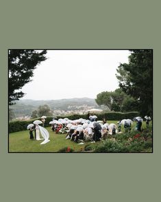 a group of people standing around each other on top of a lush green field with umbrellas