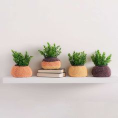 three crocheted potted plants sitting on top of a shelf next to books