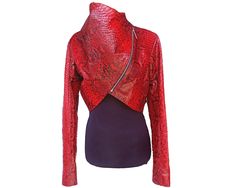 Long-Sleeve Red Snakeskin Leather Bolero Fashion Jacket For Evening Dresses Fashion Bolero Jacket made from Premium Quality Python Snakeskin leather and make a personalized jacket. Casual cropped style, with long sleeve, zipper front closure, comfortable and wind-resistant. It's Light Weight Ideal for All Season and Brilliantly Designed, Professionally cut & Premium Stitching throughout as per International Standards. => Jacket Specifications: - Sleeve Length : Long Sleeves - Type: Bolero Jacket Fitted Leather Jacket For Party, Fitted Long Sleeve Leather Party Jacket, Fitted Red Leather Jacket For Winter, Red Fitted Leather Jacket For Winter, Luxury Fitted Red Leather Jacket, Red Fitted Biker Jacket For Fall, Red Fitted Long Sleeve Biker Jacket, Fitted Red Leather Jacket For Spring, Red Fitted Leather Jacket For Spring