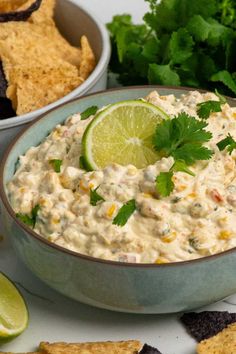 a bowl filled with guacamole surrounded by tortilla chips and cilantro