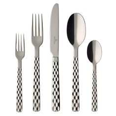 five pieces of silverware with black and white checkered design