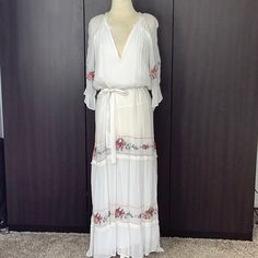 Show Me Your Mumu Maxi Dress In Sheer White Gauze Fabric With Full Matching Slip. Rose Embroidered Detail In Red, Pink And Green. Slip On Style Is Belted And Meant To Be Somewhat Loose. Size S. Measures 19” Armpit To Armpit Flat Across Back; Length Measures 54” Back Of Neck To Hem. Never Worn. Nwot White V-neck Embroidered Dress For Brunch, White Dresses With Embroidered Hem For Brunch, Summer White Maxi Dress With Embroidered Hem, Embroidered Maxi Length Dress For Brunch, White Embroidered Maxi Dress For Summer, White Flowy Embroidered Dress For Spring, White Embroidered Flowy Dress For Spring, White Embroidered Maxi Dress For Spring, Gown Ideas