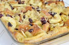 a casserole dish with raisins and blueberries in it