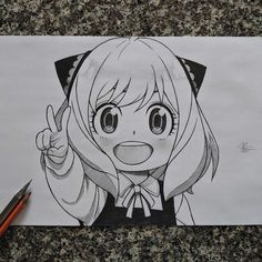 a drawing of a girl with long hair pointing to the side and wearing a cat ears hat