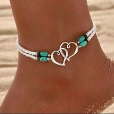 Boho Turquoise Beaded Heart Ankle Bracelet Stretchy Adorable Metal: Zinc Alloy *See Photos For Measurements* New In Package