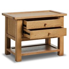 a wooden table with two drawers on one side and an open drawer on the other