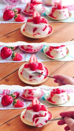 strawberry cheesecakes with whipped cream and strawberries on them are ready to be eaten