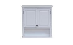 a white cabinet with two doors and shelves