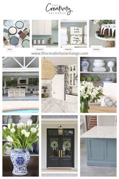 a collage of photos with white flowers in vases, blue cabinets and other items