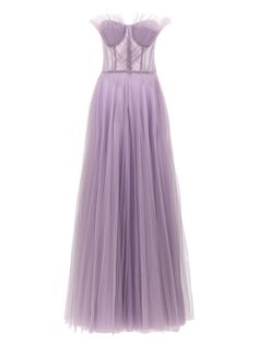 Strapless long dress in tulle with corset-style top with darting, and wide skirt. Concealed zipper closure. Composition: 100% polyamide Long Tulle Dress, Italian Women Style, Tulle Dress Long, Strapless Long Dress, Wide Skirt, Corset Style Tops, Italian Women, Tulle Gown, Top Designer Brands