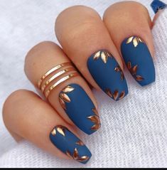 Blue And Gold Fall Nails, Navy Nails Fall, Dark Green Fall Nails Designs, Navy Blue Rose Gold Nails, New England Patriots Nails, Royal Blue Fall Nails, Fall Blue Nails Art Designs, Teal Autumn Nails, Denim Blue Nail Designs