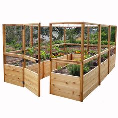 several wooden raised garden beds with plants growing in the top one and bottom two sides