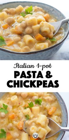 two pictures showing different types of pasta and chickpeas in a bowl with spoons