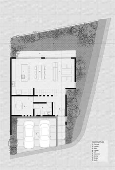 the floor plan for this modern house shows an open area with two cars parked in it