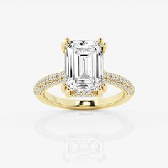 an emerald - cut diamond engagement ring with two rows of diamonds on the band, set in 18k yellow gold