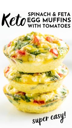 three mini quiches stacked on top of each other with the words low carb and feta