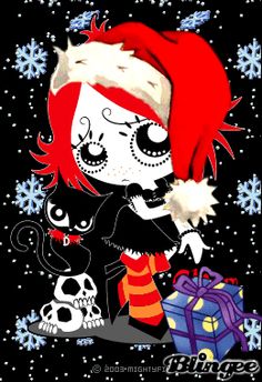 a drawing of a girl with red hair wearing a santa hat and holding a black cat