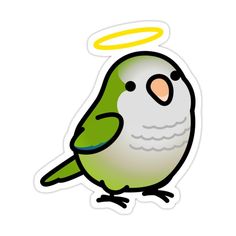 a green and white bird with an angel halo on it's head sticker