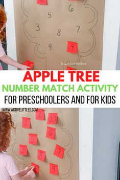 an apple tree number match activity for preschoolers and for kids with the title overlay