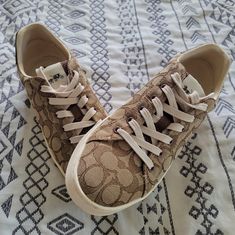 Brand New, Worn Once, Women's Size 8.5 Coach Sneakers. Brown Sneakers With Gum Sole For Spring, Brown Gum Sole Sneakers For Spring, Brown Textured Sole Sneakers For Spring, Brown Cushioned Sneakers For Spring, Beige Low-top Fall Sneakers, Beige Low-top Sneakers For Fall, Beige Lace-up Sneakers For Fall, Brown Lace Sneakers For Spring, Coach Casual Sneakers With Textured Sole