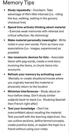 an image of a text description with the words memory tips written below it in black and white