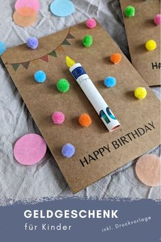 two birthday cards with the words happy birthday written on them and colorful pom - poms