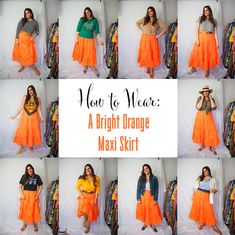 Styling An Orange Skirt, Maxi Orange Skirt Outfit, What To Wear With An Orange Skirt, Dark Orange Skirt Outfit, Orange Tulle Skirt Outfit, Neon Orange Skirt Outfit, How To Style Orange Skirt, Orange Outfits For Women Summer, Bright Skirt Outfits