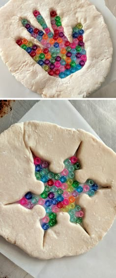 this is an image of a homemade handprinted pizza crust with beads on it