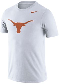 Keep cool while showing your Texas Longhorns spirit in this White Logo Performance T Shirt. This Short Sleeve is the perfect Tee for working out, heading to class, or cheering on the Longhorns. Featuring a screen print of Longhorns logo on center chest, there's no mistaking your Texas Longhorns pride in this Longhorns Logo Performance T Shirt! Classic Legend Dri-Fit Short Sleeve, Screen print application, Iconic Nike Swoosh on shoulder, Athletic Fit, Fit: True to Size, 100% POLYESTER, Machine wa Sporty Logo Top For Sports Events, Sporty Top With Logo For Sports Events, Logo Crew Neck Tops For Sports Events, White Sportswear T-shirt With Team Logo, White Dri-fit T-shirt With Team Name, White Dri-fit T-shirt For Sports Season, White Dri-fit Short Sleeve Tops, Legend Logo, Texas T Shirt