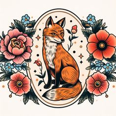 an orange fox sitting on top of a flowery border with roses and leaves around it