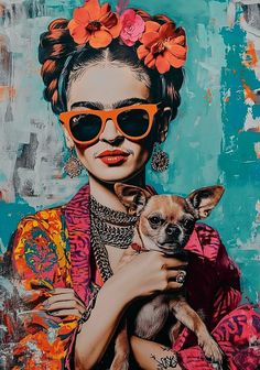 a painting of a woman with sunglasses holding a small dog in her arms and wearing flowers on her head