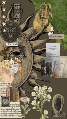 an artistic collage with pictures and words on it