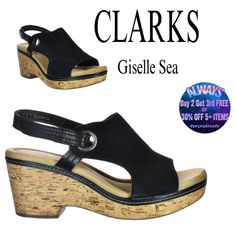 Smart Slingbacks And Cork-Like Platform Heel Bring Modern Attitude To Dressy Looks In The Giselle Sea Sandals By Clarks. Clarks Womens Giselle Sea Black Slingbacks Size 9.5 (Wide) (New In Box. Store Return.) I Accept Reasonable Offers And Discount Bundles!! Check Out My Other Listings And Follow Me!! I Have Over 4500 Listings And I Offer Buy2 Get 3rd Free Or 30% Off 5+ Items At Poshmark.Com/Closet/Pepepizzazz On Posh App, Use My Invite Code "Pepepizzazz" For Extra $10 Coupon Black Slingback Heels With Cushioned Footbed, Clarks Sandals, Woven Leather Sandals, Leather Thong Sandals, Womens Clarks, Brown Leather Sandals, Clarks Women's, Clarks Shoes, Leather Wedge Sandals