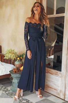 Off Shoulder Lace Patchwork Split Jumpsuits – AROLORA Crochet Jumpsuit, Crochet Jumpsuits, Sparkly Fashion, Semi Formal Wedding, Wedding Guest Outfit Summer Casual, Navy Jumpsuit, Fall Wedding Guest, Fall Wedding Guest Dress, Summer Wedding Outfits