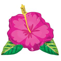 Pink Tropical Hibiscus Flower balloon with green and gold leaves Flower Balloon Arch, Hawaii Hibiscus Flower, Hawaii Hibiscus, Aloha Party, Luau Theme Party, Luau Theme, Tropical Hibiscus, Hawaiian Party, Flower Packaging