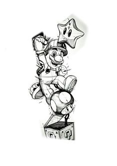 a black and white drawing of a teddy bear on top of a box with balloons