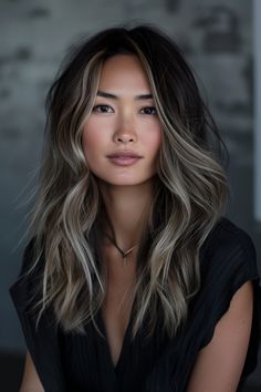 Blonde balayage offers a gorgeous, sun-kissed look that blends beautifully into natural hair. Click to see more. Ashy Blonde Hair Balayage Asian, Ash Blonde Highlights On Dark Hair Asian, Asian Grey Hair Balayage, Dark Roots Hair Balayage, Asian Hair Colour Ideas, Icey Balayage Hair, Ash Blonde Balayage Dark Roots, Bronde Balayage Ash