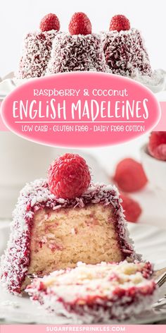 raspberry and coconut english madeelines with the title overlaying it