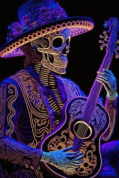 a skeleton with a guitar in his hand is wearing a sombrero and hat