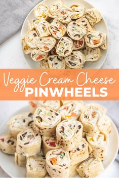 veggie cream cheese pinwheels on a white plate with text overlay