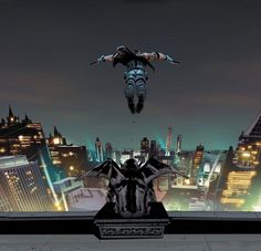 a man flying through the air while riding on top of a skateboard in front of a cityscape