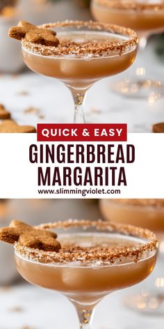 two glasses filled with gingerbread margaritas on top of a table