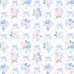 a white background with blue and pink flowers