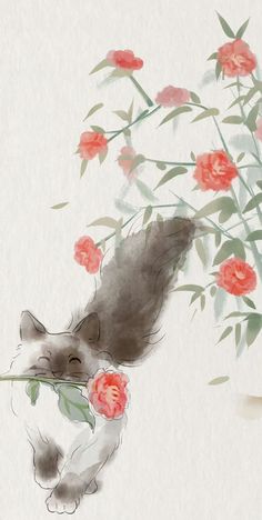 a painting of a cat holding a flower in it's mouth