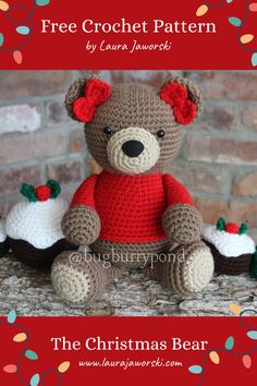 a crocheted teddy bear sitting on top of a table next to a brick wall