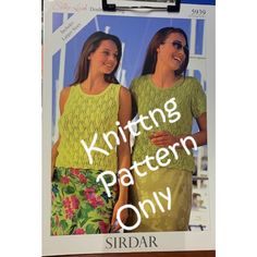 the knitting pattern for two women's tops is shown in front of an advertisement