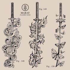 three different types of swords with designs on them