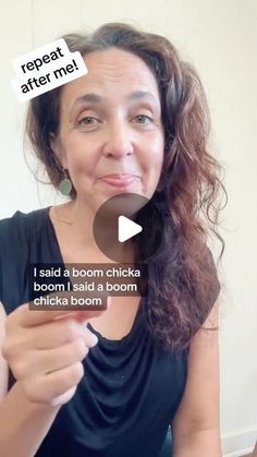 a woman holding a cell phone with a speech bubble above her head that reads, i said a room chicka boom had a boom