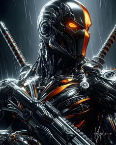 an image of a robot holding two swords in the rain with orange eyes and black skin